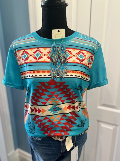 Teal, Aztec Print, Western Tee