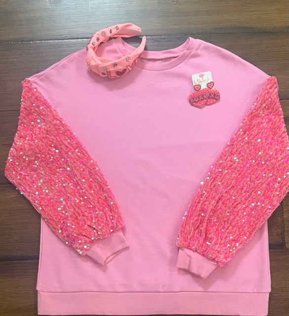 Pink Sequin Patchwork Long Sleeve Pullover Top