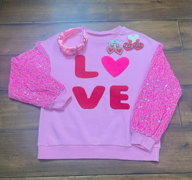 Pink Valentines LOVE Graphic Sequin Sleeve Top