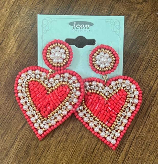 Seeded Beaded Heart Drop Earrings