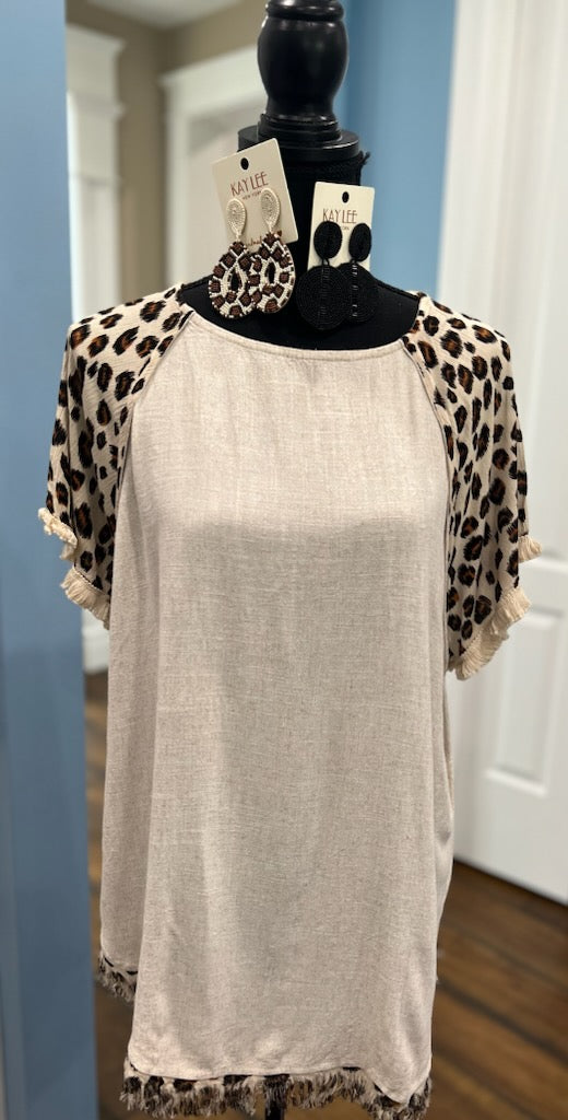 Short Sleeve Animal Print Frayed Bottom